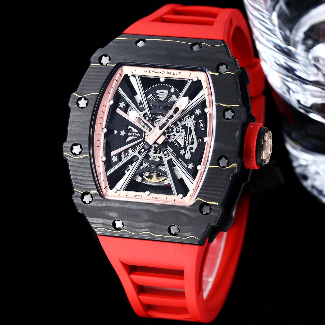 Swiss Richard Mille RM 12-01 Tourbillon Replica – Black Carbon Fiber Case With Red Rubber Strap