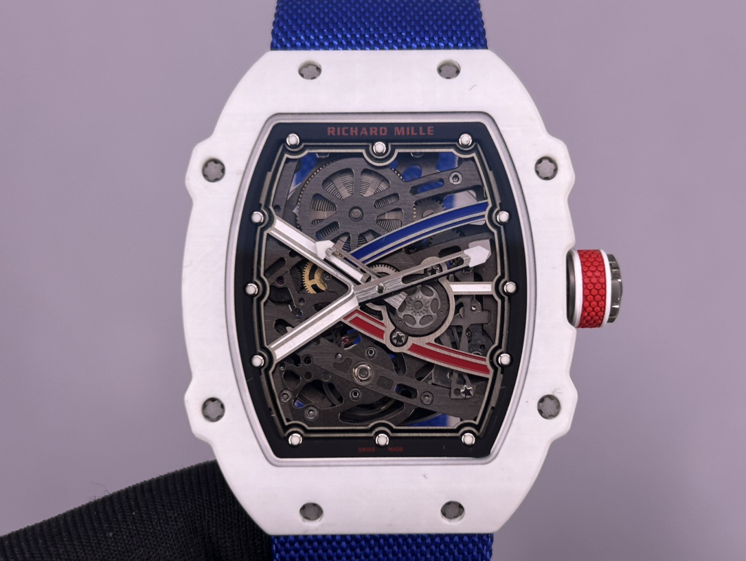 Ultra-Thin Swiss Richard Mille RM 67-02 Replica Alexis Pinturault – White Carbon TPT Case, Skeleton Dial, Blue Strap