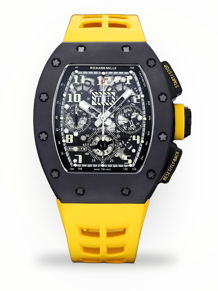 Swiss Replica Richard Mille RM 011-FM Watch – Carbon Fiber Barrel Case, Skeleton Dial, Premium Yellow Rubber Band