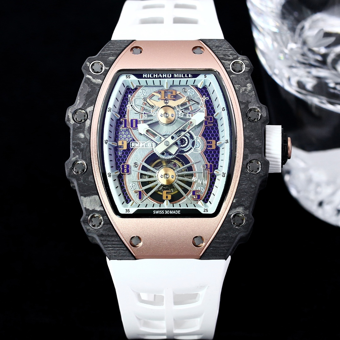 High-End Replica Richard Mille 21-01 Tourbillon Aerodyne Watch For Men – Carbon Fiber Skeleton Dial, White Rubber Strap