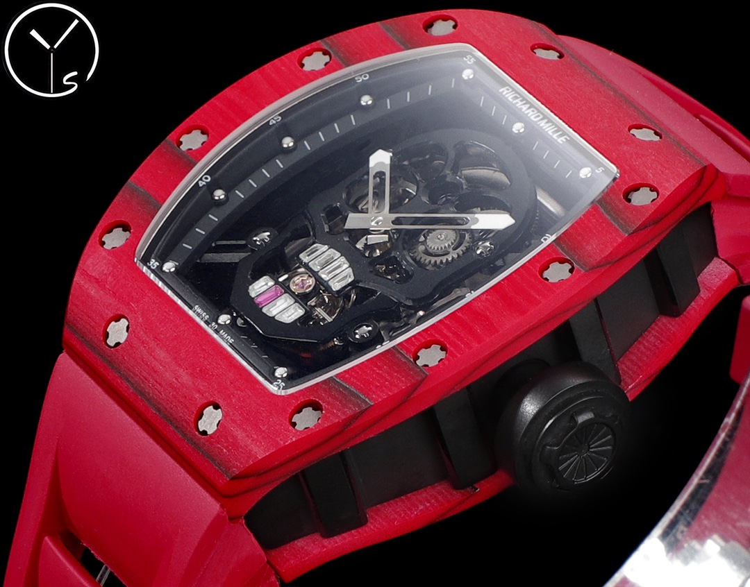 Best Richard Mille RM52-01 Replica - Red Rubber Strap, Skeleton Dial, Swiss Tourbillon, Carbon Fiber Case