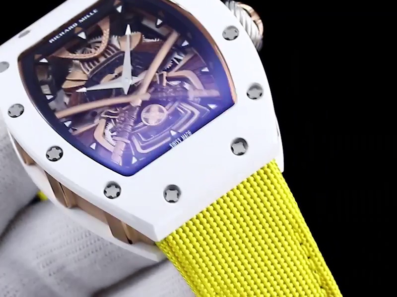 Best Replica Richard Mille RM 047 Tourbillon Watch For Men – Samurai Design, Ceramic Case, Skeleton Dial, Yellow Strap
