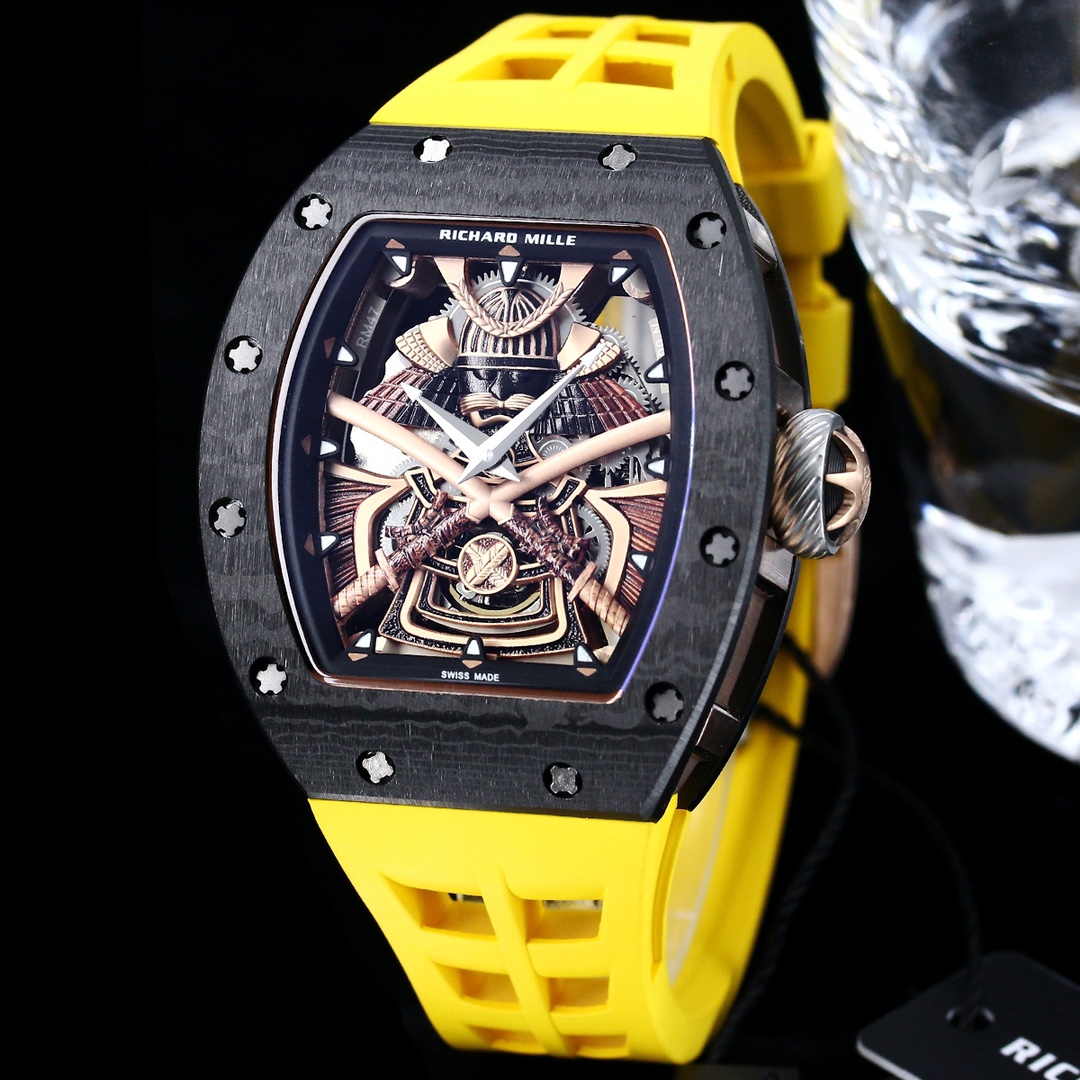 Swiss Samurai Skeleton Replica Richard Mille RM 047 Tourbillon Watch With Carbon Case And Yellow Rubber Strap