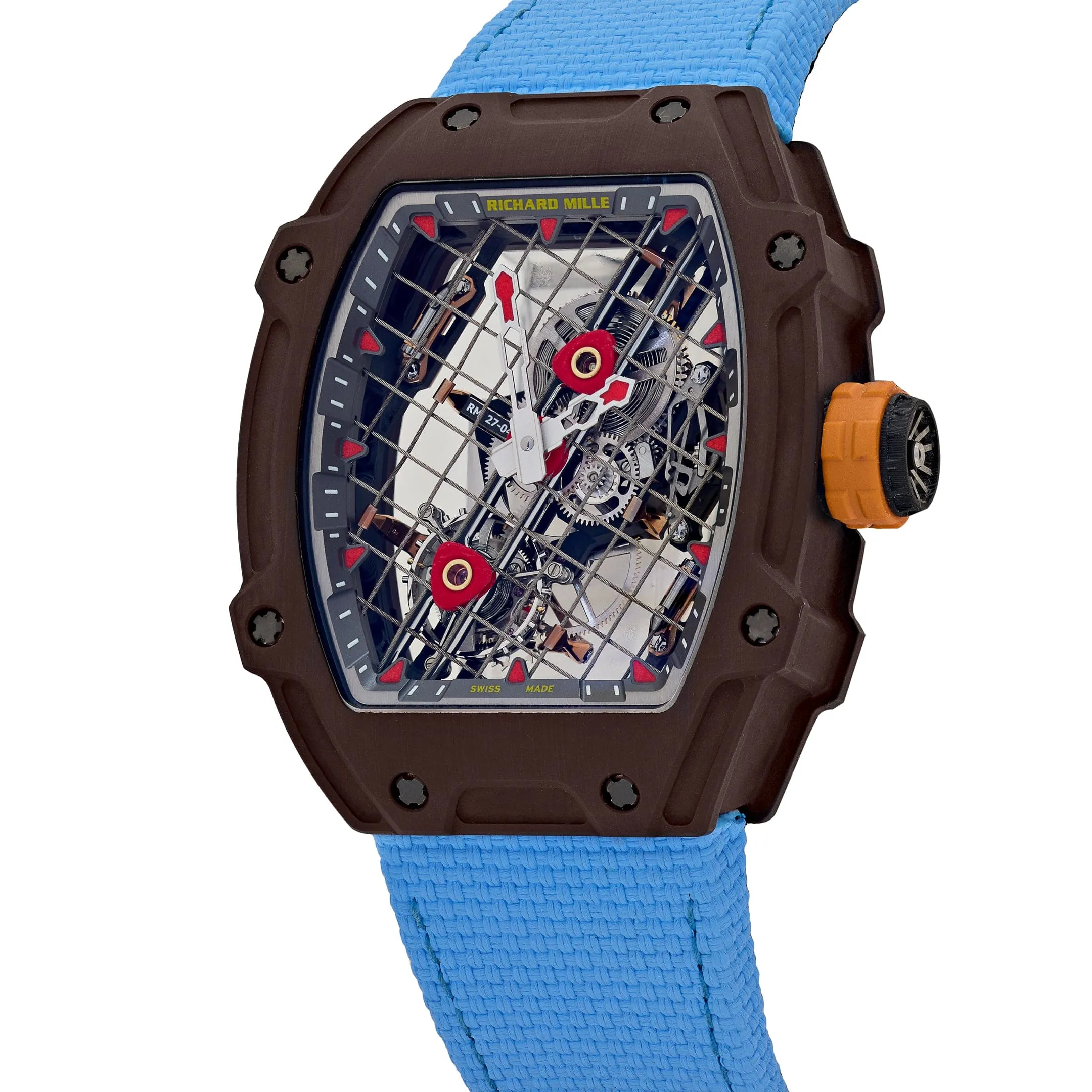 Richard Mille RM 27-04 Replica, Brown Carbon Case Skeleton Grid Dial Blue Nylon Strap Luxury Sports Wristwatch