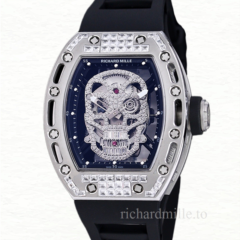 Richard Mille RM 052 Men Automatic Stainless Steel Rubber Band Diamonds Skull Dial