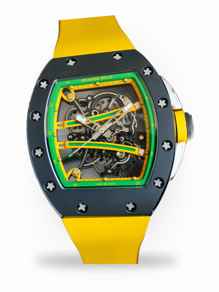 Richard Mille RM 61-01 Yohan Blake Replica Watch – Swiss Manual Winding, Yellow Strap, Ceramic & Carbon Barrel Case