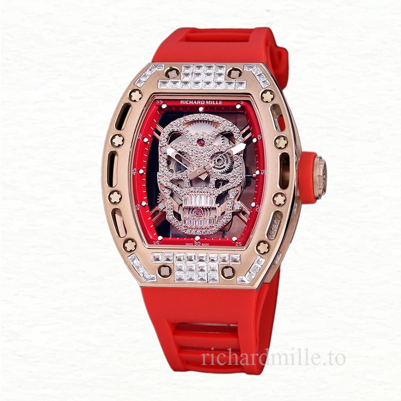 Richard Mille RM 052 Men Automatic Diamonds Skull Dial Stainless Steel Rubber Band