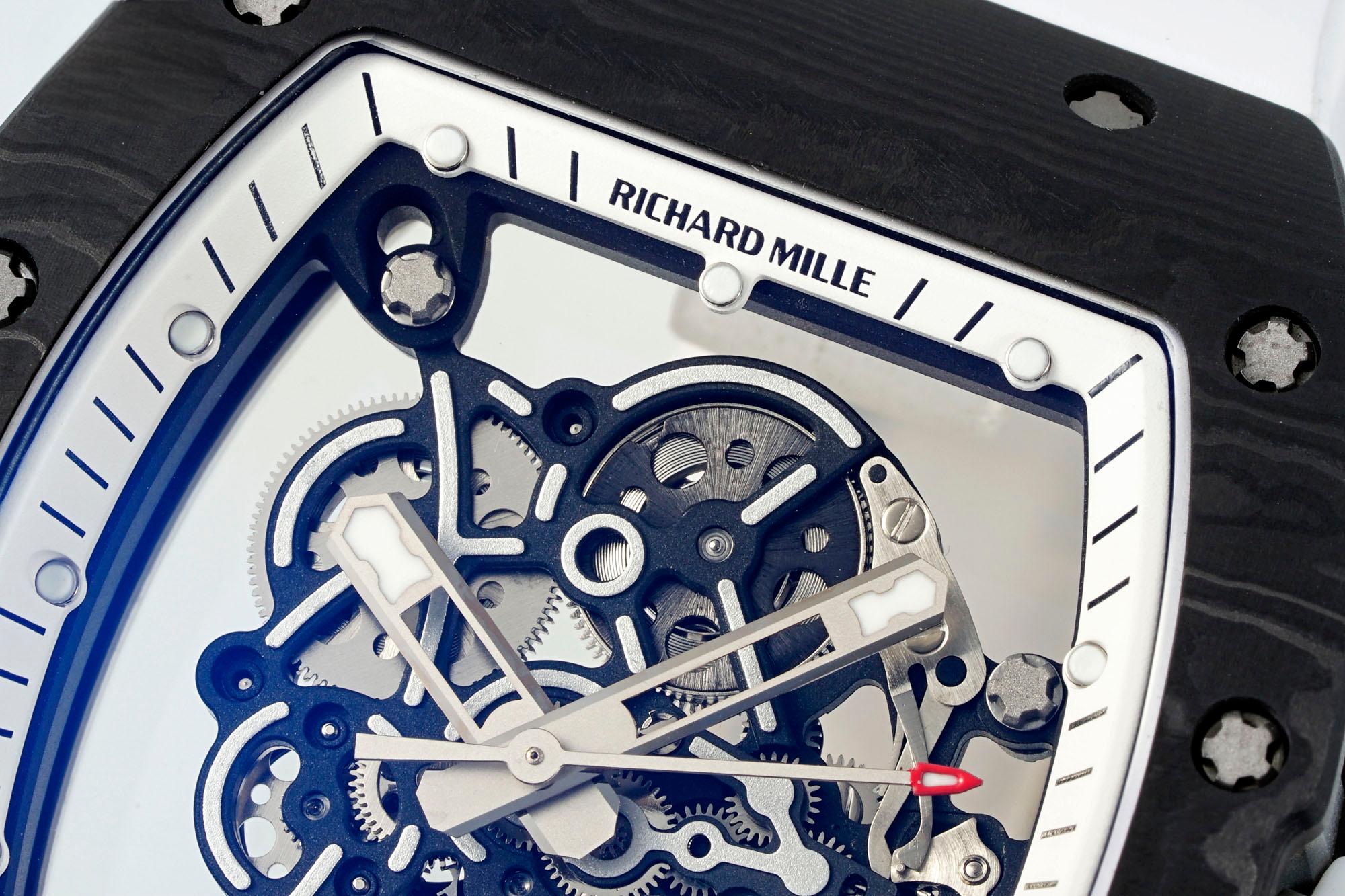 Richard Mille RM055 Skeleton Swiss Replica, Titanium Carbon Fiber Case, White Rubber Strap