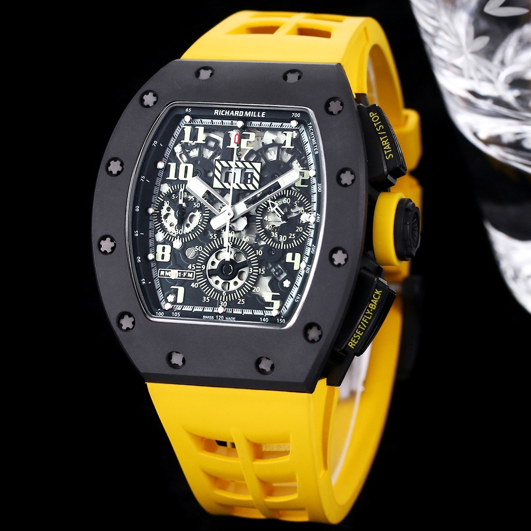 Swiss Replica Richard Mille RM 011-FM Watch – Carbon Fiber Barrel Case, Skeleton Dial, Premium Yellow Rubber Band
