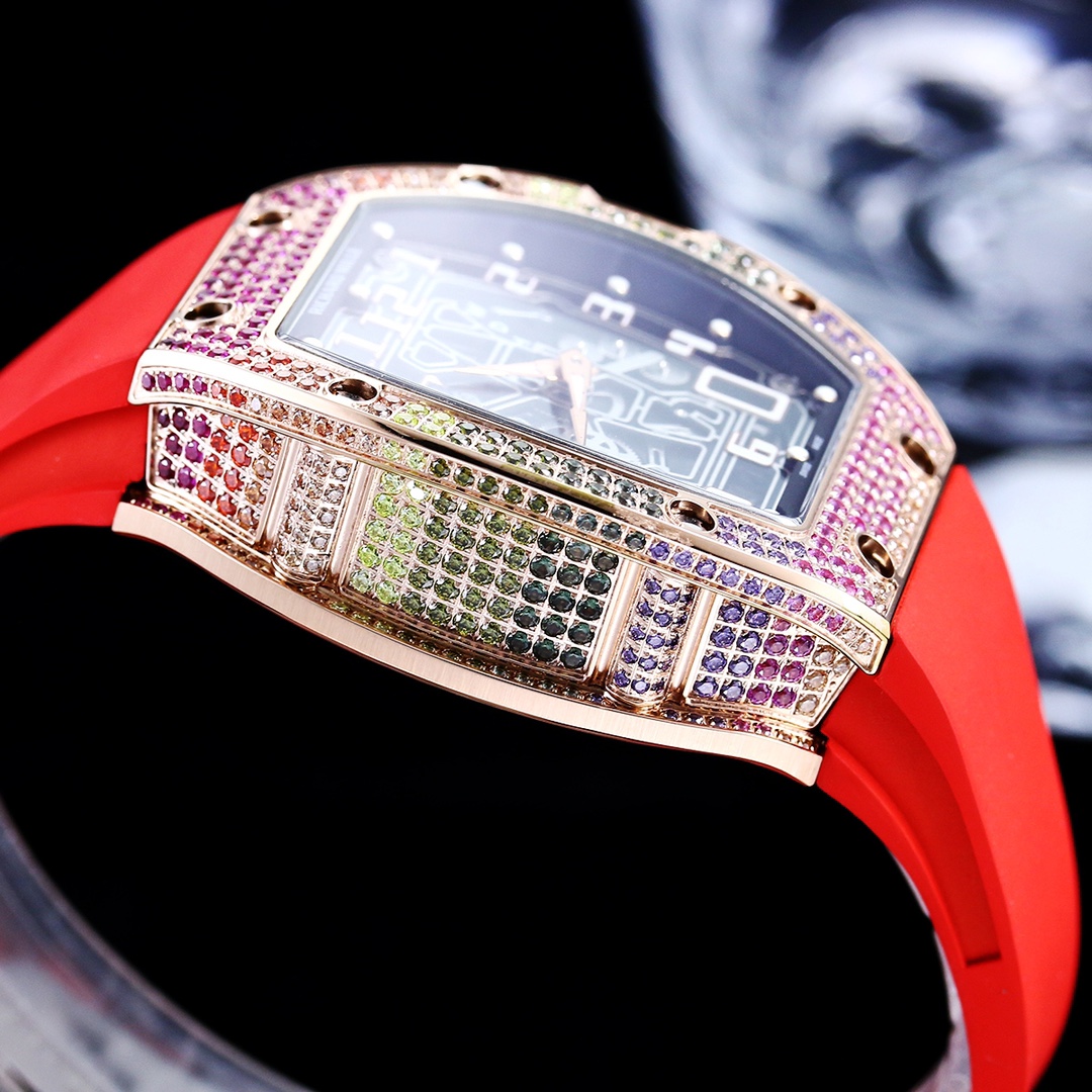Luxury Replica Richard Mille RM 67-01 Colored Diamond Bezel Red Strap Watch – Skeleton Dial Men’s Timepiece