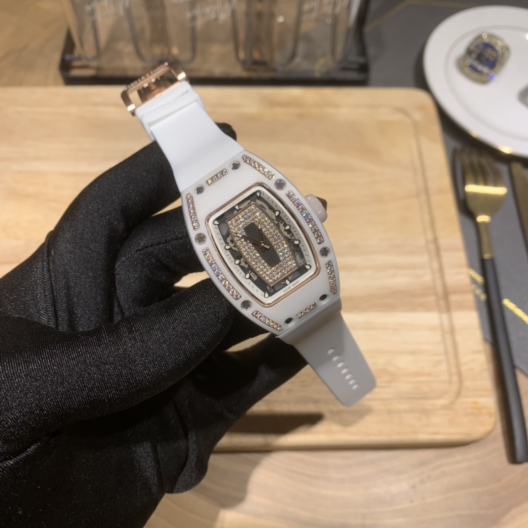 Elegant Swiss Richard Mille RM 07-01 Replica White Ceramic & Rose Gold Diamond Dial Watch – Luxury Style For Women