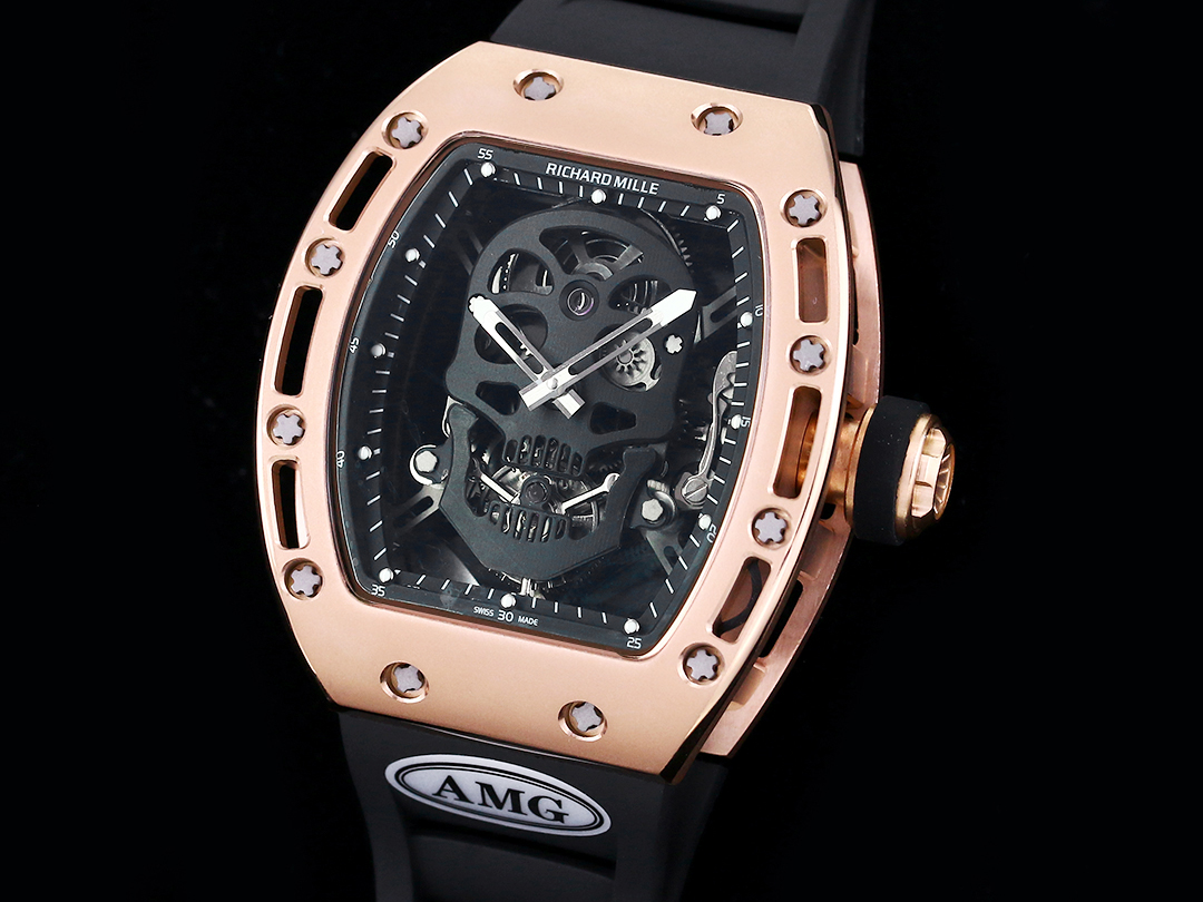 RM052 Skeleton Tourbillon Replica Watch Black Skull Dial – Rose Gold Case
