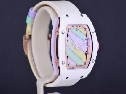 Richard Mille RM 07-03 Replica, White Ceramic Case Pastel Swirl Dial White Rubber Strap Luxury Ladies Wristwatch
