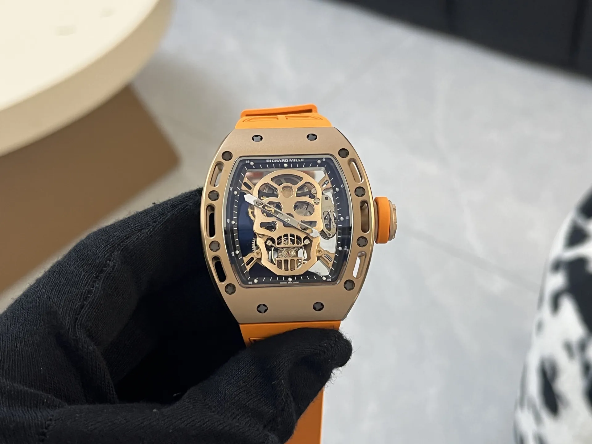 Richard Mille RM 052 Upgraded Tourbillon Movement Skull Rose Gold Super Clone - Orange Rubber Strap