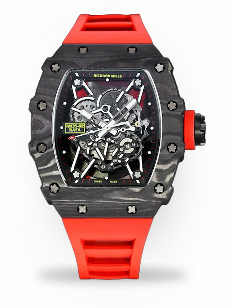 Swiss Richard Mille RM 35-02 Replica Watch – Premium Carbon Fiber Case, Skeleton Dial &amp; Bold Red Strap