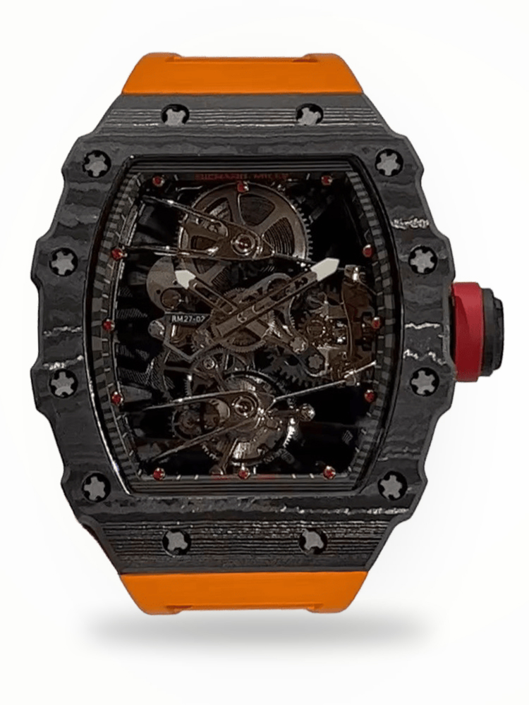 Swiss Durable Richard Mille RM 27-02 Rafael Nadal Replica Watch With Carbon Fiber Case, Orange Rubber Strap