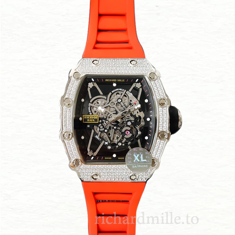 Richard Mille RM35-02 Men Mechanical Diamond Bezel Transparent Dial Rubber Band