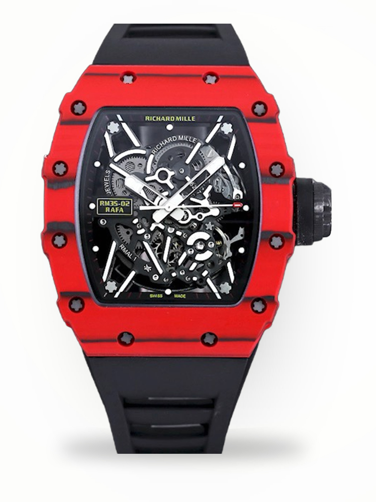 Swiss Replica Richard Mille RM 35-02 Rafael Nadal Red Carbon Watch With Black Rubber Strap – Lightweight And Striking Design
