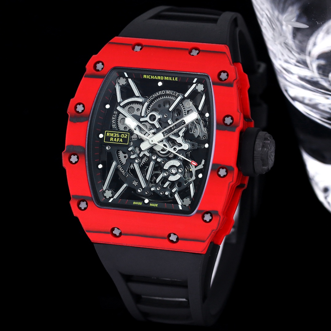 Swiss Replica Richard Mille RM 35-02 Rafael Nadal Red Carbon Watch With Black Rubber Strap – Lightweight And Striking Design