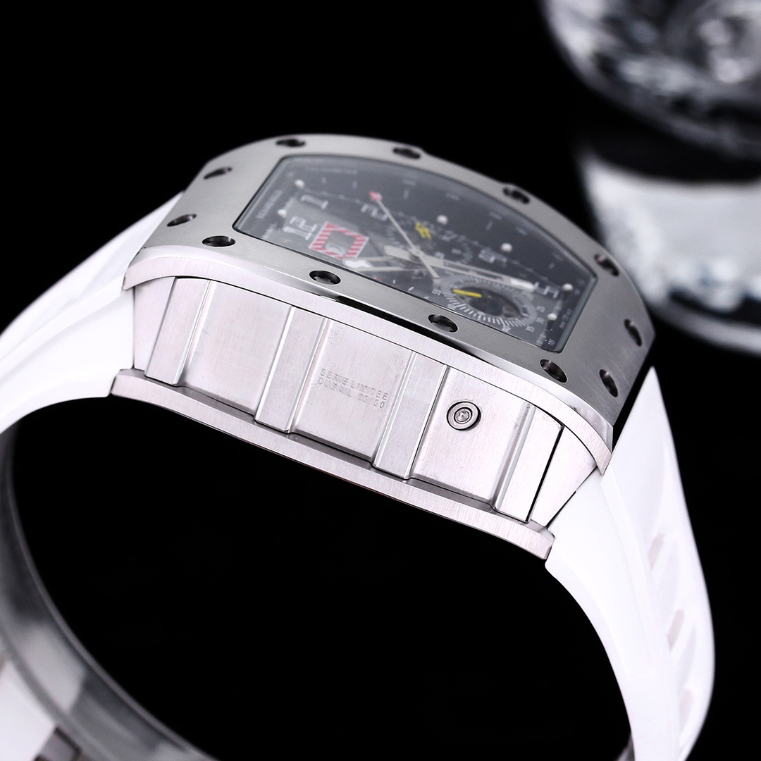 Luxury Swiss Replica Richard Mille RM 011 50mm Watch – Skeleton Dial, White Rubber Strap, Sporty Elegance