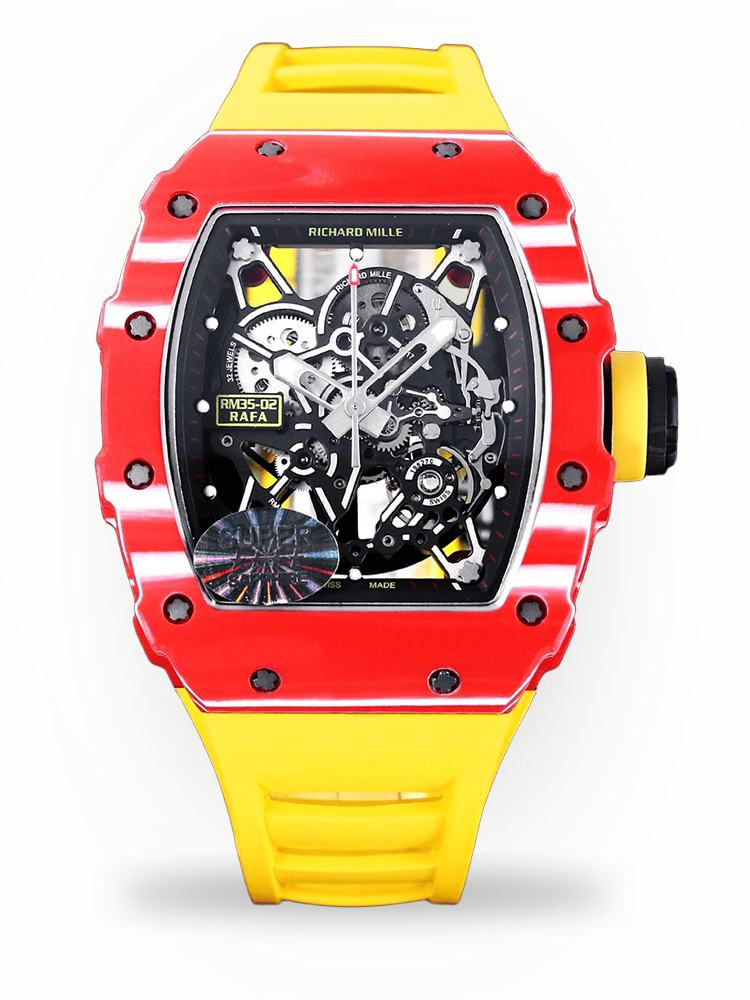 Premium Swiss Richard Mille RM 35-02 Replica Rafael Nadal Tourbillon Watch, Carbon Fiber Case, Yellow Strap