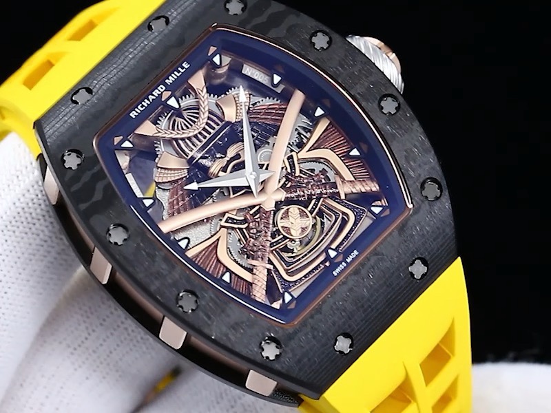 Swiss Samurai Skeleton Replica Richard Mille RM 047 Tourbillon Watch With Carbon Case And Yellow Rubber Strap