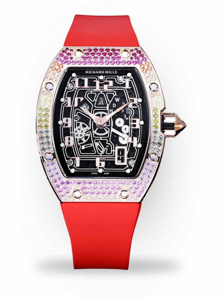Luxury Replica Richard Mille RM 67-01 Colored Diamond Bezel Red Strap Watch – Skeleton Dial Men’s Timepiece