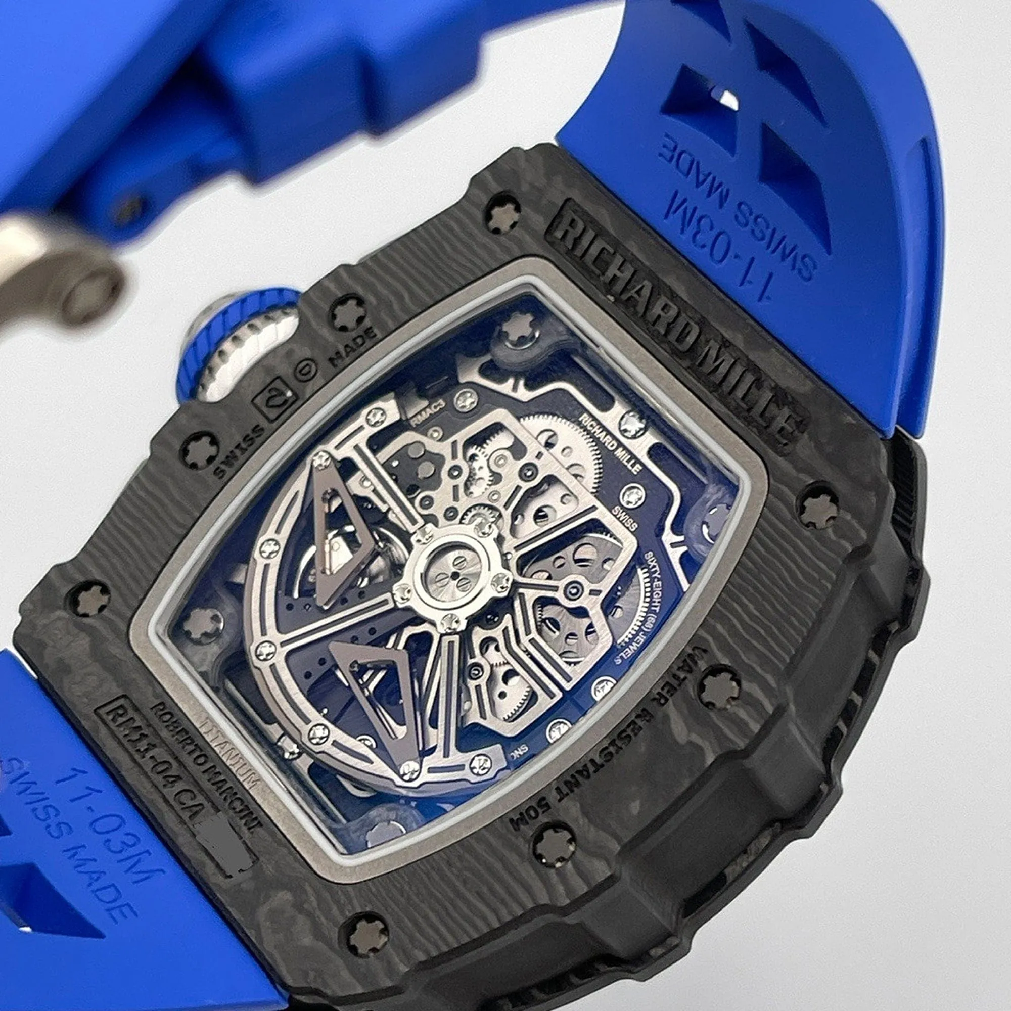 Richard Mille RM 11-04 Replica Skeleton Dial Blue Rubber Strap Luxury Sports Watch