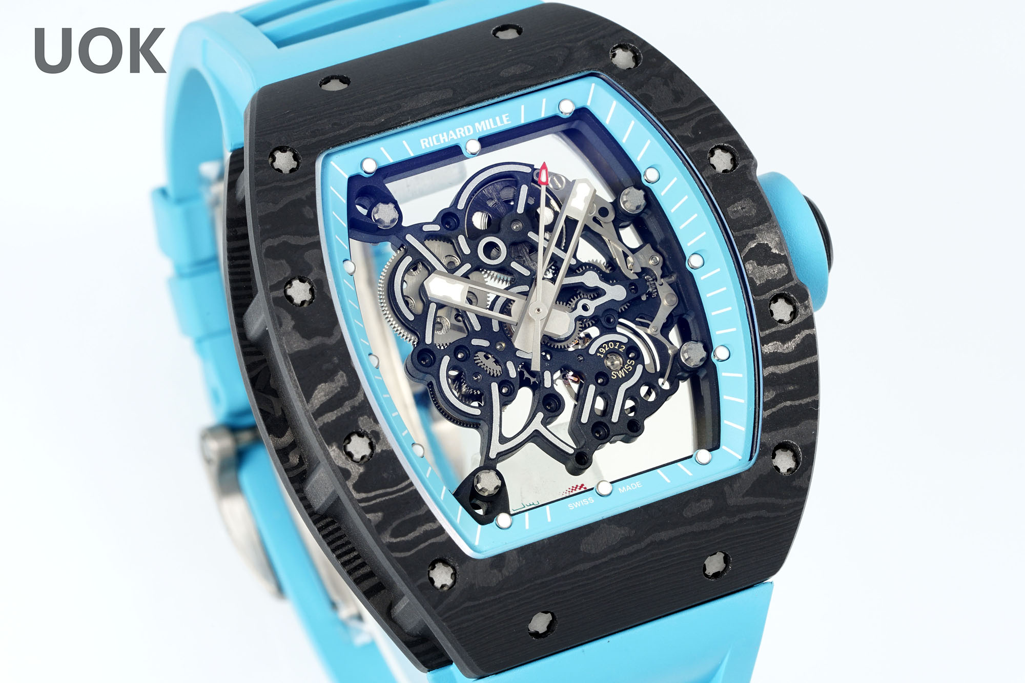 Best Replica RICHARD MILLE RM 055 – Swiss Movement Super Clone with Carbon Case & Blue Rubber Strap