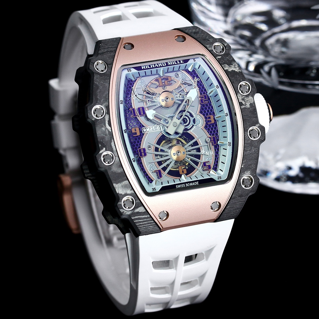 High-End Replica Richard Mille 21-01 Tourbillon Aerodyne Watch For Men – Carbon Fiber Skeleton Dial, White Rubber Strap