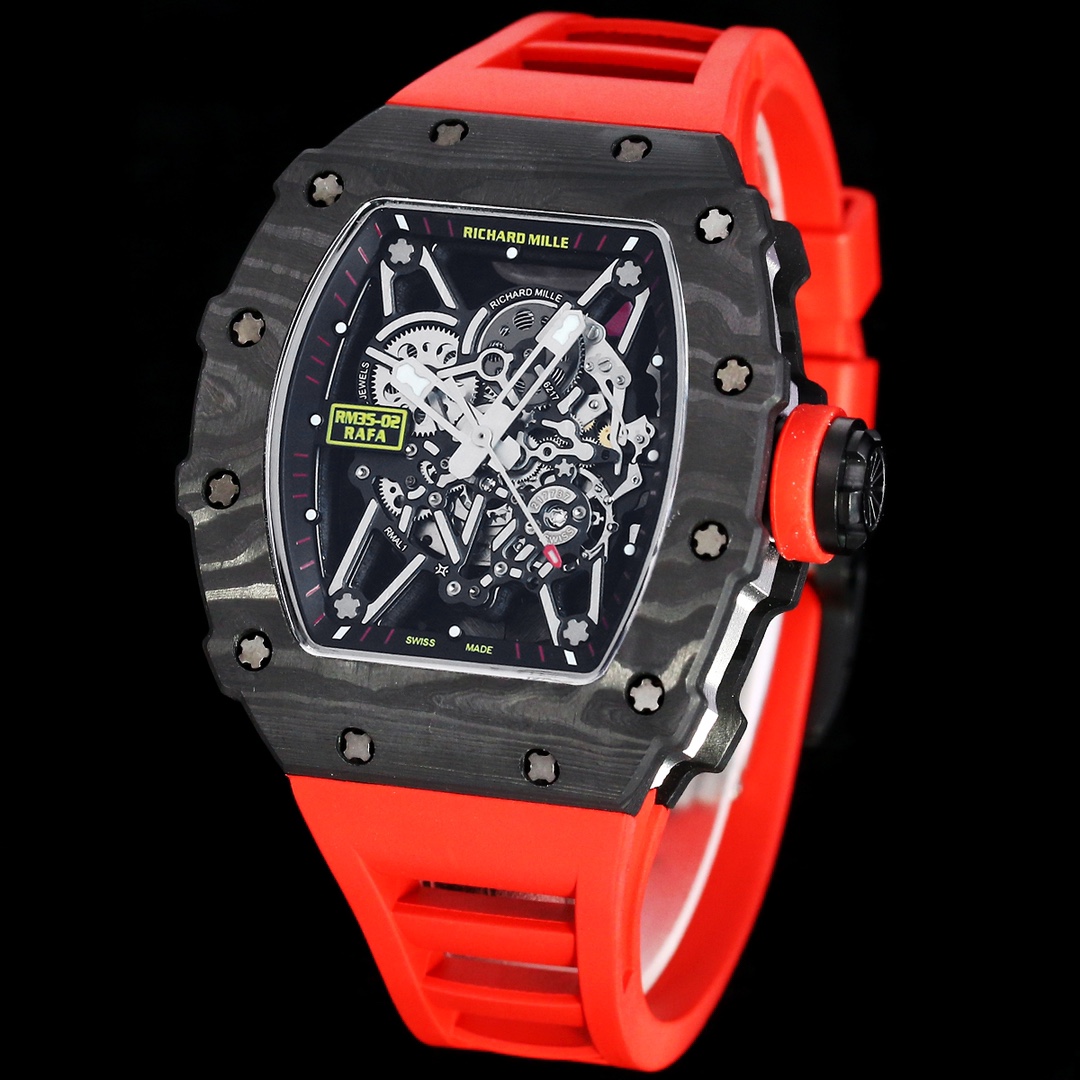 Swiss Richard Mille RM 35-02 Replica Watch – Premium Carbon Fiber Case, Skeleton Dial &amp; Bold Red Strap