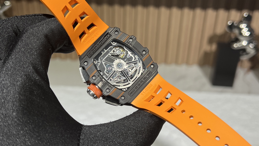 Swiss Replica Richard Mille RM 11-03 McLaren Watch – Carbon Fiber Skeleton Chronograph with Striking Orange Rubber Strap