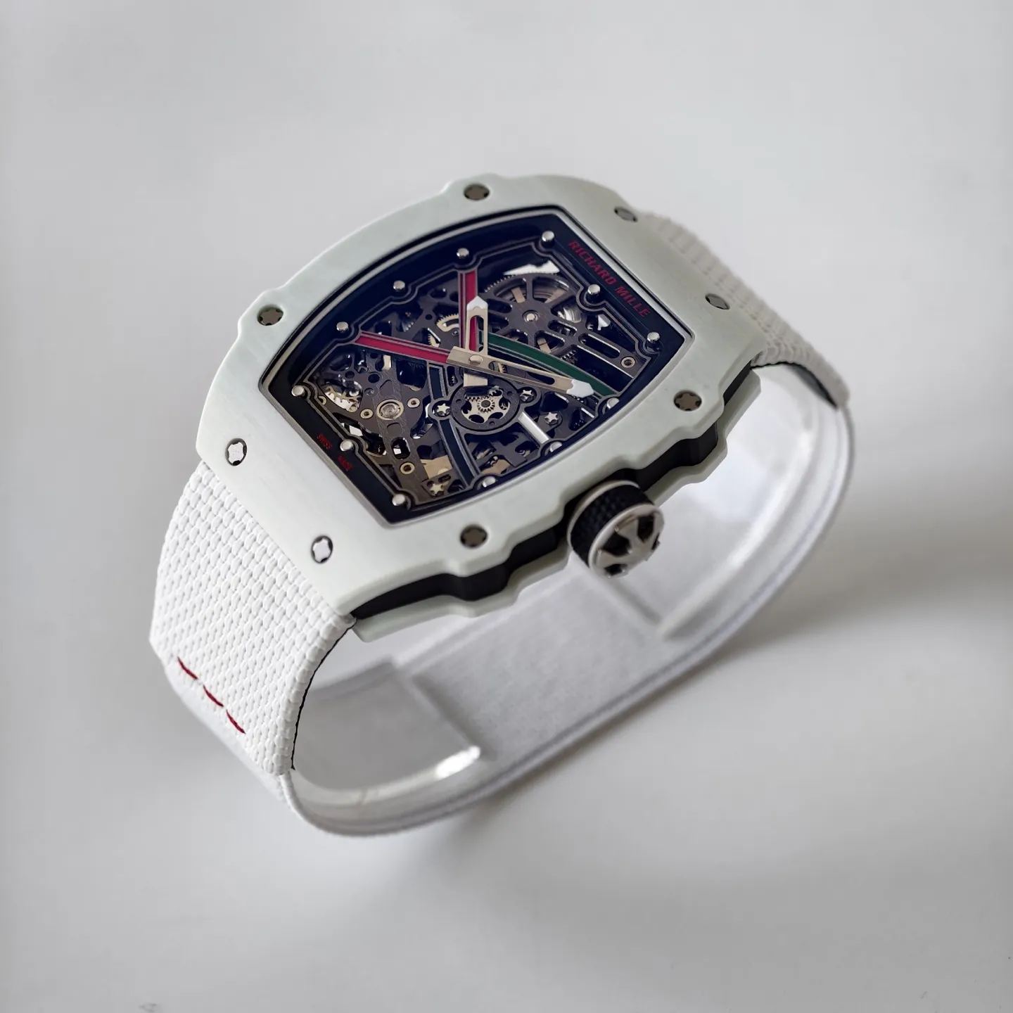 UMI RM 67-02 White Quartz TPT Carbon Case White Fabric Strap Skeleton Replica Watch