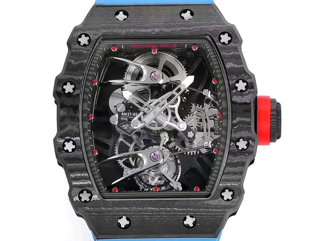 Best Replica Richard Mille RM 27-02 Blue Strap Men’s Tourbillon Watch – Carbon Fiber Case, Bold Skeleton Dial