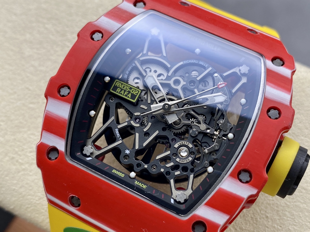 Stylish Swiss Replica Richard Mille RM 35-02 Rafael Nadal Watch – Carbon Fiber Skeleton Dial, Yellow Rubber Strap