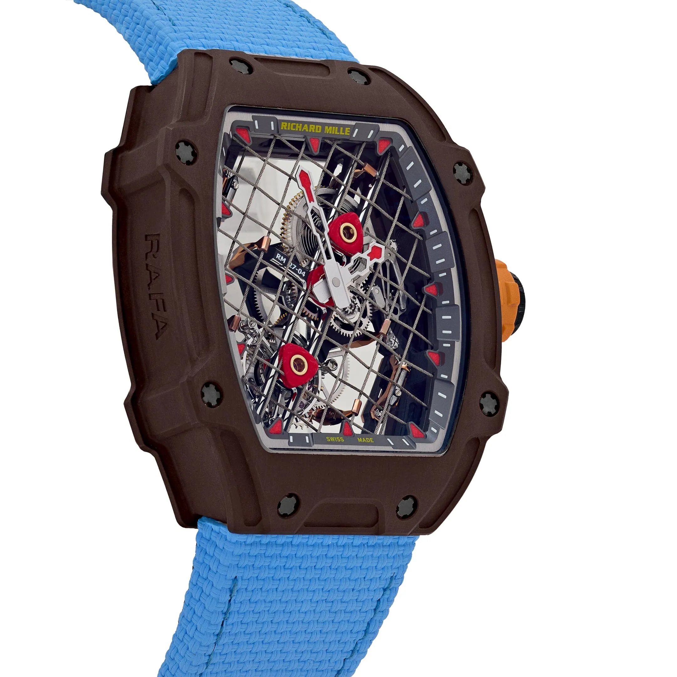 Richard Mille RM 27-04 Replica, Brown Carbon Case Skeleton Grid Dial Blue Nylon Strap Luxury Sports Wristwatch