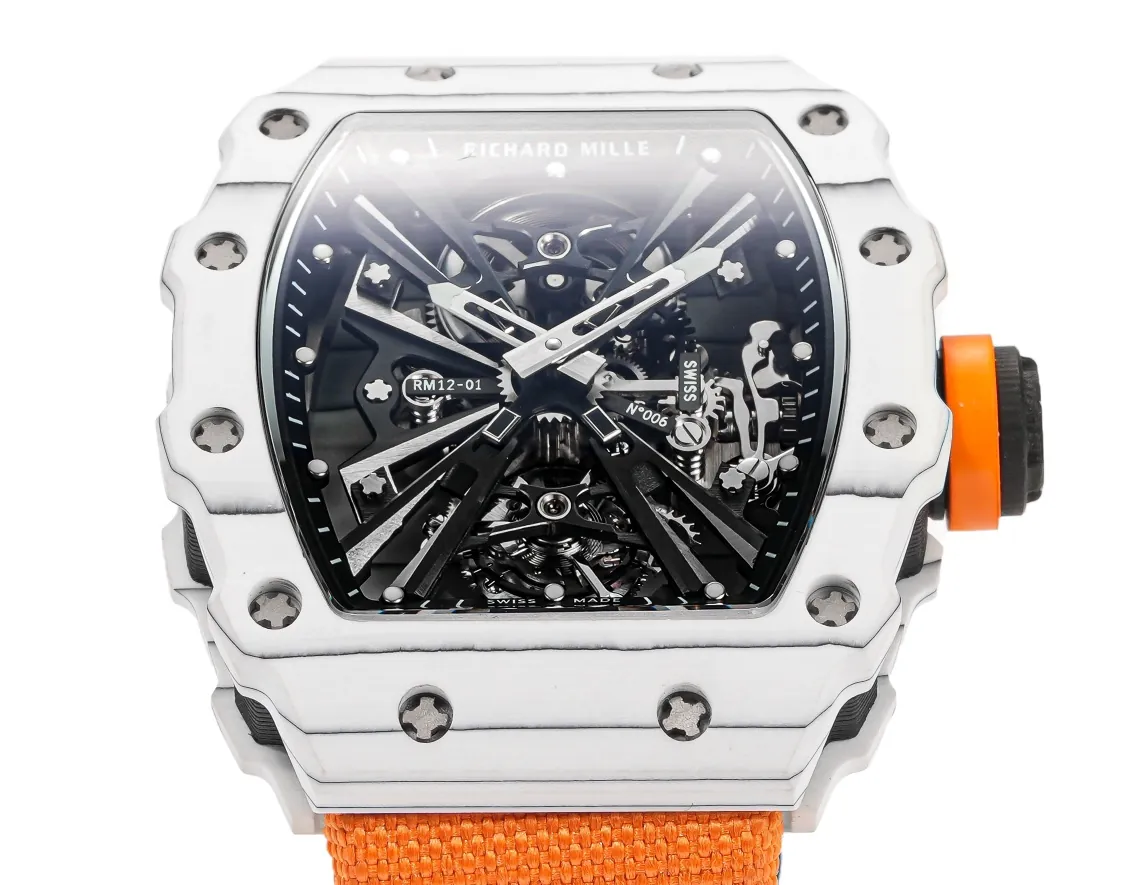 Richard Mille RM 12-01 Tourbillon Super Clone - White Carbon Fiber Orange Strap