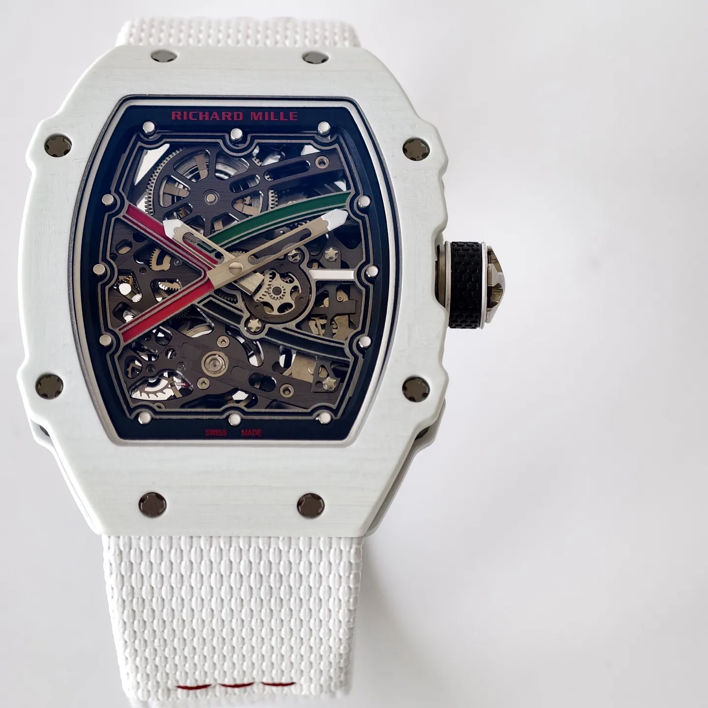UMI RM 67-02 White Quartz TPT Carbon Case White Fabric Strap Skeleton Replica Watch