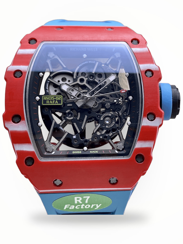 Premium Swiss Richard Mille RM35-02 Rafael Nadal Replica Tourbillon – Carbon Case & Blue Strap Luxury Skeleton Watch For Men