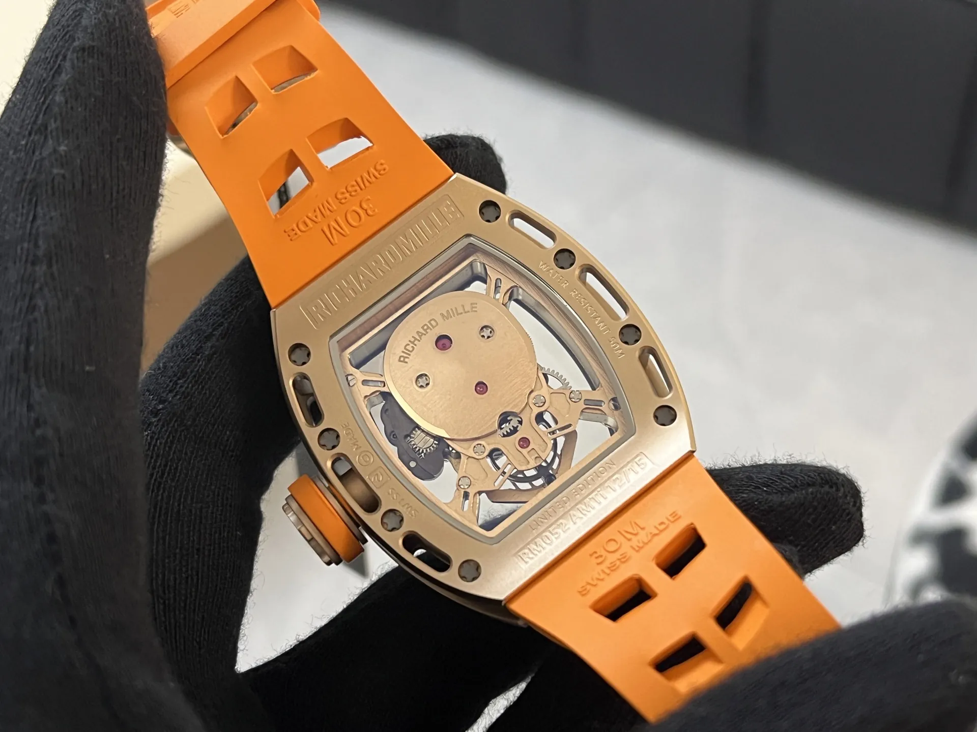Richard Mille RM 052 Upgraded Tourbillon Movement Skull Rose Gold Super Clone - Orange Rubber Strap