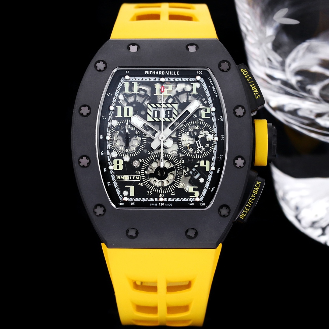 Swiss Replica Richard Mille RM 011-FM Watch – Carbon Fiber Barrel Case, Skeleton Dial, Premium Yellow Rubber Band