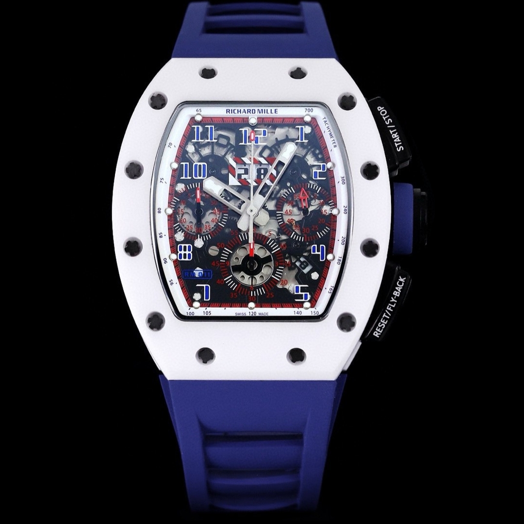 Luxury Replica Richard Mille RM 011-FM Watch – White Ceramic Case, Skeleton Dial, Blue Rubber Strap