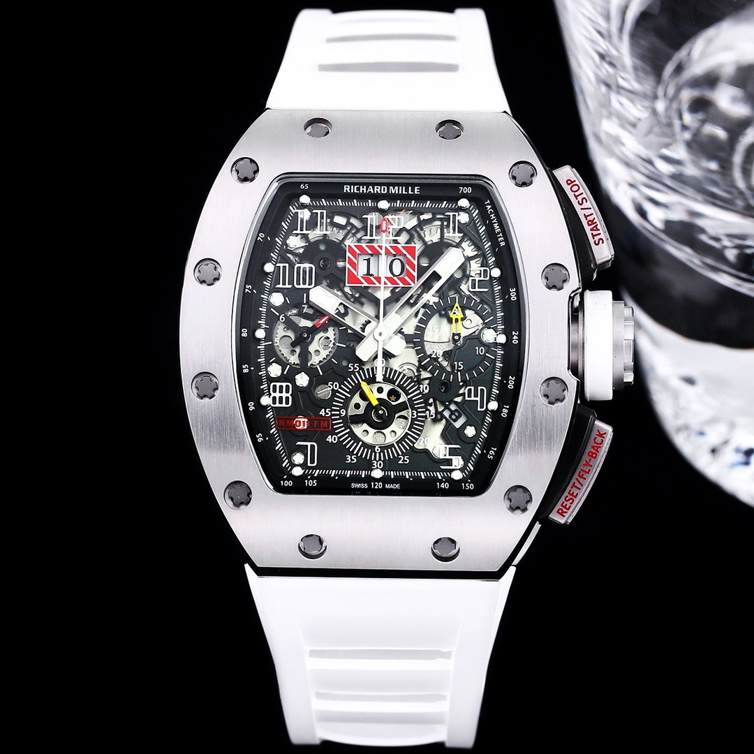 Luxury Swiss Replica Richard Mille RM 011 50mm Watch – Skeleton Dial, White Rubber Strap, Sporty Elegance