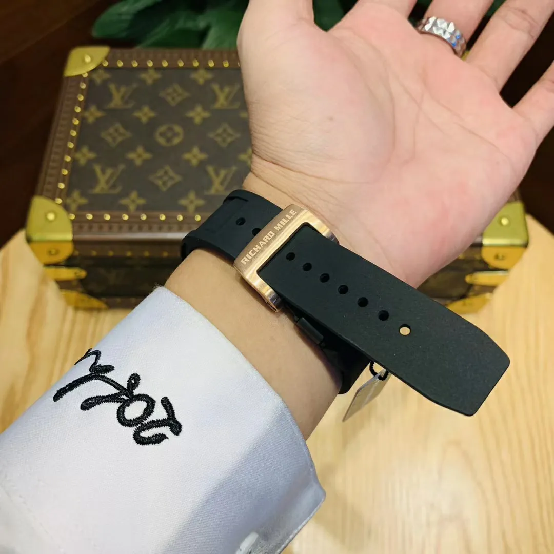 Richard Mille RM 023 Replica, Rose Gold Diamond-Set Case Skeleton Dial Black Rubber Strap Luxury Automatic Sports Wristwatch