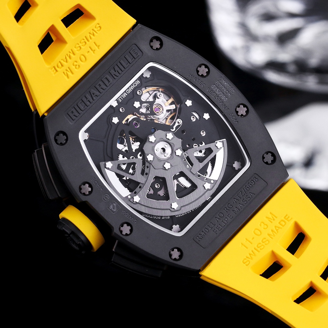 Swiss Replica Richard Mille RM 011-FM Watch – Carbon Fiber Barrel Case, Skeleton Dial, Premium Yellow Rubber Band