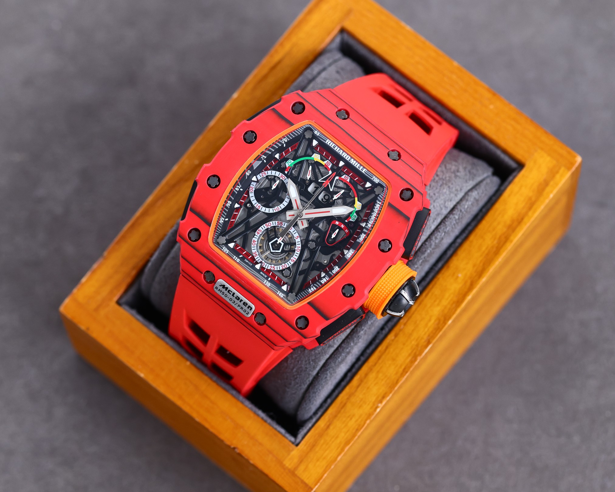 Richard Mille RM 50-03 McLaren Replica Watch For Motorsport Style – Swiss Movement, Red Carbon Case, Bold Skeleton Dial