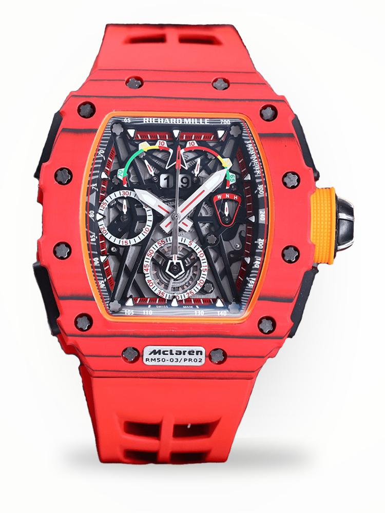 Richard Mille RM 50-03 McLaren Replica Watch For Motorsport Style – Swiss Movement, Red Carbon Case, Bold Skeleton Dial