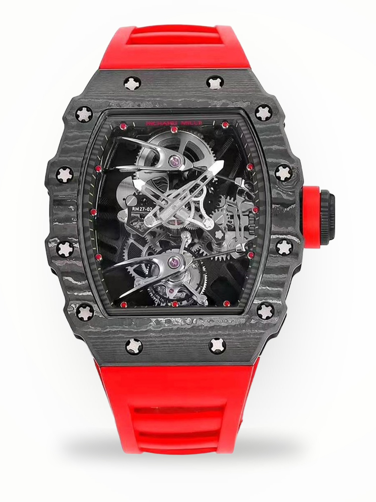 High-End Swiss Richard Mille RM 27-02 Replica Tourbillon Watch – Lightweight Carbon Case, Red Rubber Strap For Sport & Style