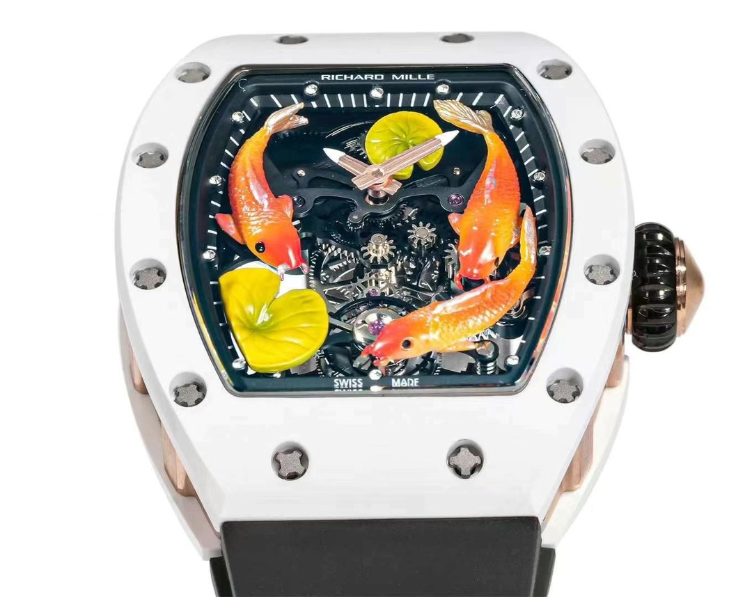 Replica Richard Mille RM S10 Koi Tourbillon Watch with Black Rubber Strap