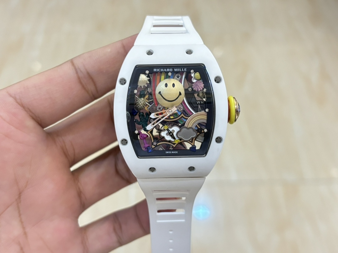 Best Richard Mille RM 88 Smiley Replica Swiss Automatic Tourbillon Watch with White Rubber Strap